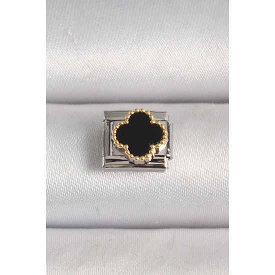 316L Çelik Gümüş Renk Siyah Yonca İşlemeli Nomination Charm - TJ-BC1204