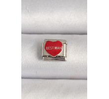 316L Çelik Gümüş Renk 'Best Man' Yazılı Kırmızı Kalp İşlemeli Nomination Charm - TJ-BC1208
