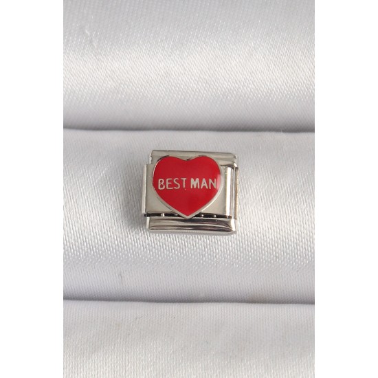 316L Çelik Gümüş Renk 'Best Man' Yazılı Kırmızı Kalp İşlemeli Nomination Charm - TJ-BC1208