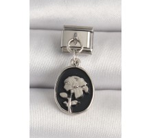 316L Çelik Gümüş Renk Gümüş Çiçek İşlemeli Siyah Portre Model Nomination Charm - TJ-BC1210