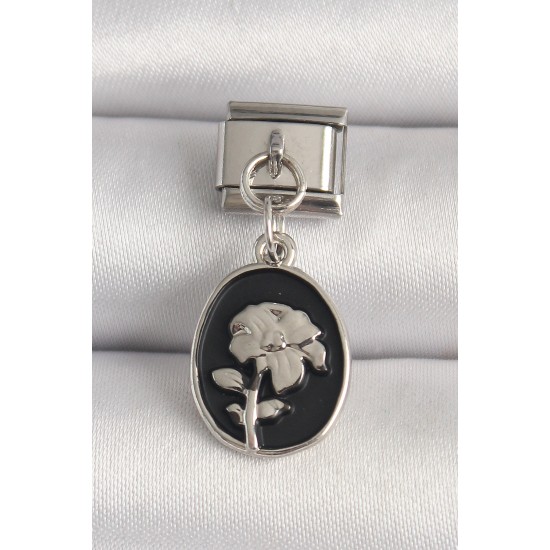 316L Çelik Gümüş Renk Gümüş Çiçek İşlemeli Siyah Portre Model Nomination Charm - TJ-BC1210