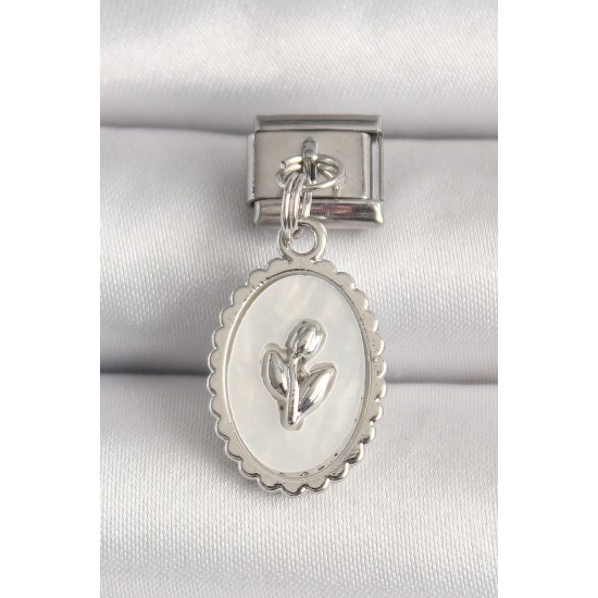 316L Çelik Gümüş Renk Beyaz Mineli Çiçek İşlemeli Nomination Charm - TJ-BC1211