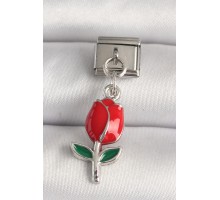 316L Çelik Gümüş Renk Kırmızı Gül Model Nomination Charm - TJ-BC1213