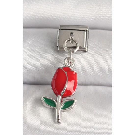 316L Çelik Gümüş Renk Kırmızı Gül Model Nomination Charm - TJ-BC1213