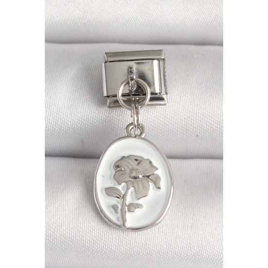 316L Çelik Gümüş Renk Çiçek İşlemeli Beyaz Portre Model Nomination Charm - TJ-BC1214