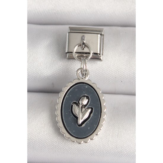 316L Çelik Gümüş Renk Çiçek İşlemeli Siyah Portre Model Nomination Charm - TJ-BC1215