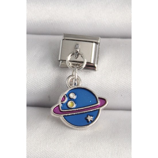 316L Çelik Gümüş Renk Mavi Satürn Model Nomination Charm - TJ-BC1219