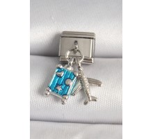 316L Çelik Gümüş Renk Mavi Bavul Uçak Model Nomination Charm - TJ-BC1227