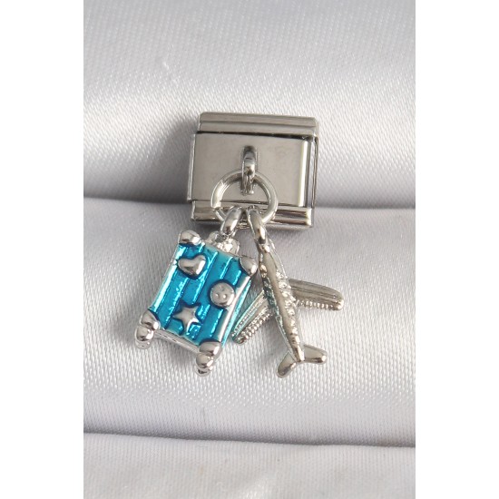 316L Çelik Gümüş Renk Mavi Bavul Uçak Model Nomination Charm - TJ-BC1227