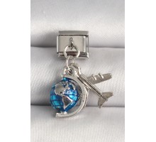 316L Çelik Gümüş Renk Mavi Dünya Uçak Model Nomination Charm - TJ-BC1229