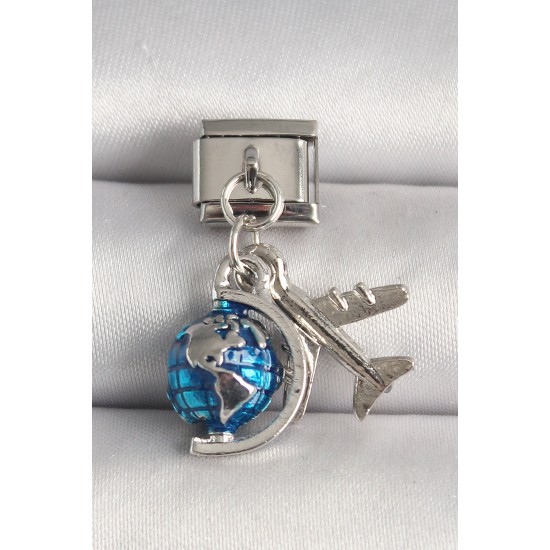 316L Çelik Gümüş Renk Mavi Dünya Uçak Model Nomination Charm - TJ-BC1229