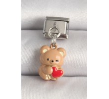 316L Çelik Gümüş Renk Kahverengi Ayıcık Model Kırmızı Kalp Detay Nomination Charm - TJ-BC1234