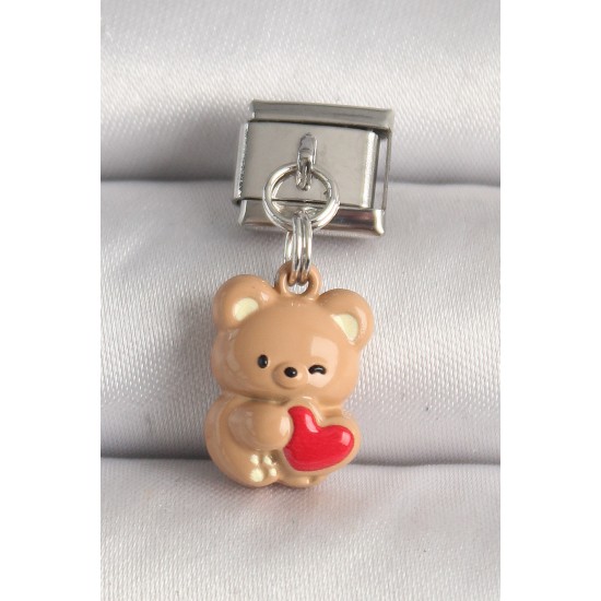 316L Çelik Gümüş Renk Kahverengi Ayıcık Model Kırmızı Kalp Detay Nomination Charm - TJ-BC1234