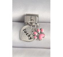 316L Çelik Gümüş Renk Pembe Pati 'lucky' İşlemeli Kalp Model Nomination Charm - TJ-BC1236