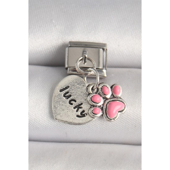 316L Çelik Gümüş Renk Pembe Pati 'lucky' İşlemeli Kalp Model Nomination Charm - TJ-BC1236