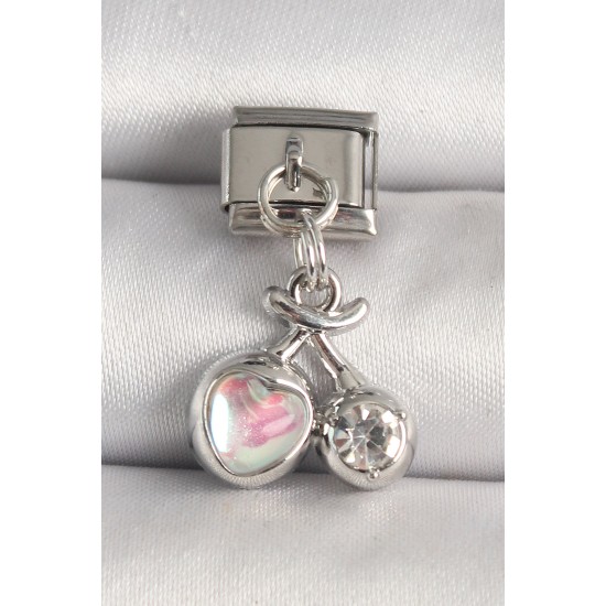 316L Çelik Gümüş Renk Pembe Mineli Kalp Zirkon Taş Detay Nomination Charm - TJ-BC1240