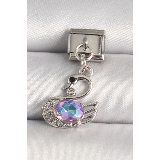 316L Çelik Gümüş Renk Zirkon Taşlı Kuğu Model Nomination Charm - TJ-BC1244
