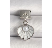 316L Çelik Gümüş Renk Beyaz Deniz Kabuğu Model İnci Detay Nomination Charm - TJ-BC1249