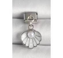 316L Çelik Gümüş Renk Beyaz Deniz Kabuğu Model İnci Detay Nomination Charm - TJ-BC1249