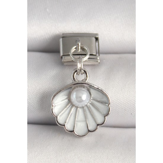 316L Çelik Gümüş Renk Beyaz Deniz Kabuğu Model İnci Detay Nomination Charm - TJ-BC1249