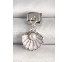 316L Çelik Gümüş Renk Pembe Deniz Kabuğu Model İnci Detay Nomination Charm - TJ-BC1253