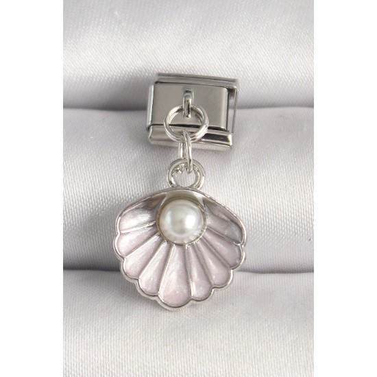 316L Çelik Gümüş Renk Pembe Deniz Kabuğu Model İnci Detay Nomination Charm - TJ-BC1253