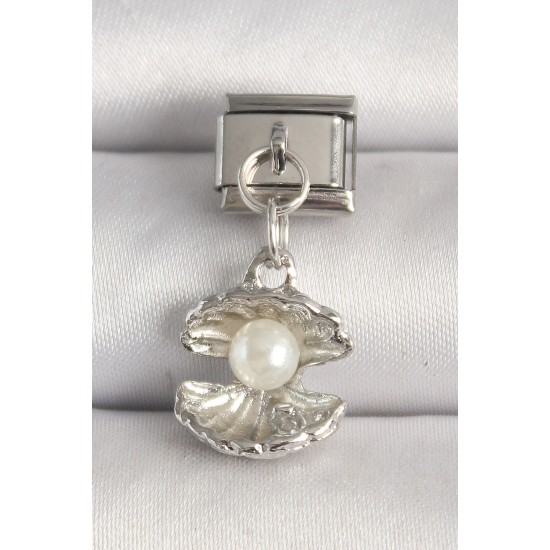 316L Çelik Gümüş Renk İncili Midye Model Nomination Charm - TJ-BC1254