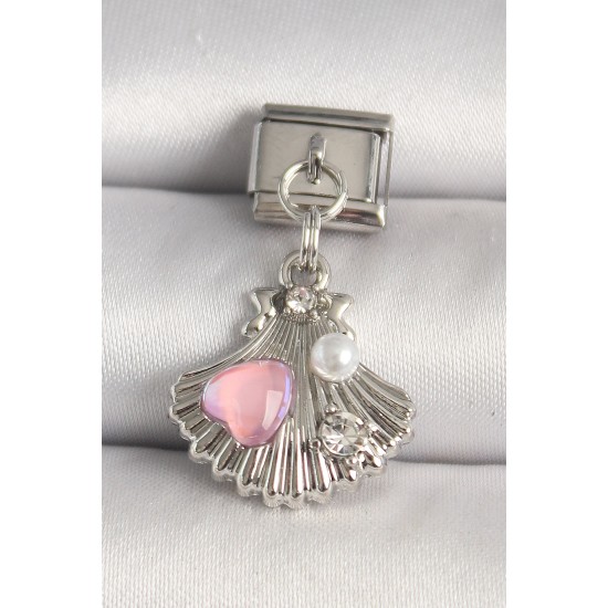 316L Çelik Gümüş Renk Zirkon Taşlı Pembe Mineli Kalp Detay Nomination Charm - TJ-BC1259