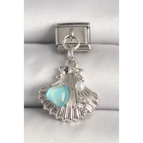 316L Çelik Gümüş Renk Zirkon Taşlı Deniz Kabuğu Model Mavi Mineli Kalp Detay Nomination Charm - TJ-BC1260