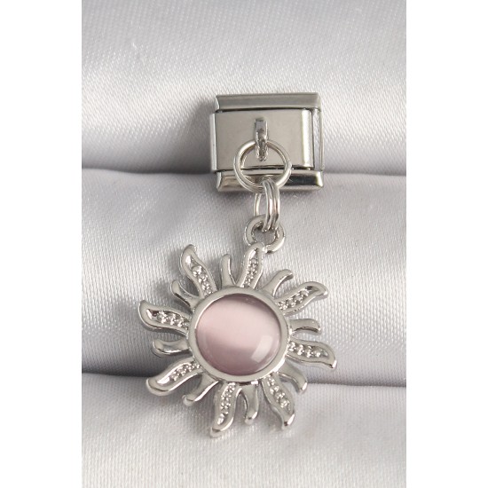 316L Çelik Gümüş Renk Pembe Mineli Güneş Model Nomination Charm - TJ-BC1266