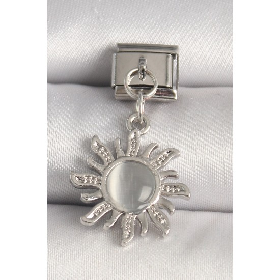 316L Çelik Gümüş Renk Beyaz Mineli Güneş Model Nomination Charm - TJ-BC1267