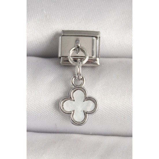 316L Çelik Gümüş Renk Beyaz Mineli Yonca Model Nomination Charm - TJ-BC1269