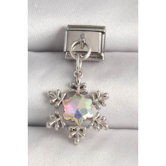 316L Çelik Gümüş Renk Hologram Mineli Kar Tanesi Model Nomination Charm - TJ-BC1272