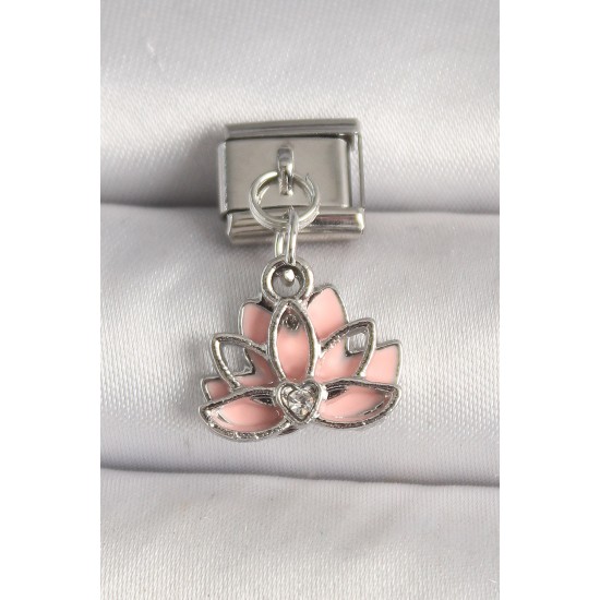 316L Çelik Gümüş Renk Pembe Lotus Model Zirkon Taş Detaylı Nomination Charm - TJ-BC1274