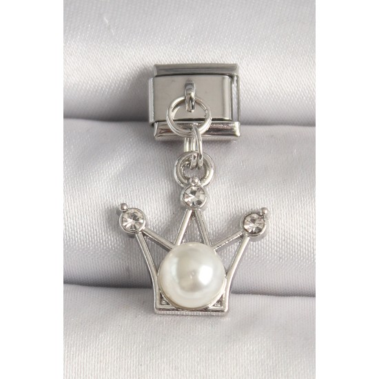 316L Çelik Gümüş Renk Zirkon Taşlı Taç Model İnci Detay Nomination Charm - TJ-BC1275