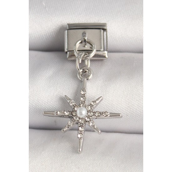 316L Çelik Gümüş Renk Zirkon Taşlı İnci Detay Kuzey Yıldız Model Nomination Charm - TJ-BC1276