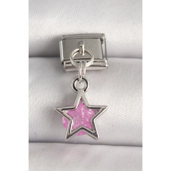 316L Çelik Gümüş Renk Pembe Zirkon Taşlı Yıldız Model Nomination Charm - TJ-BC1278