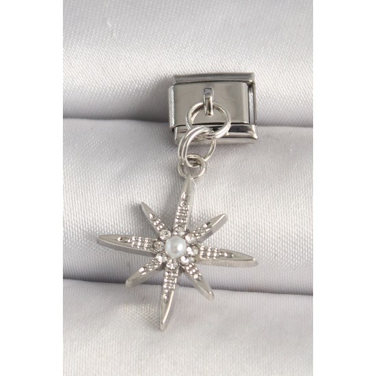 316L Çelik Gümüş Renk Zirkon Taşlı İnci Detay Yıldız Model Nomination Charm - TJ-BC1281