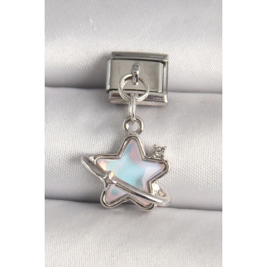 316L Çelik Gümüş Renk Mavi Mineli Yıldız Model Zirkon Taş Detay Nomination Charm - TJ-BC1282