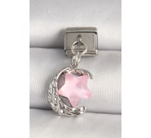 316L Çelik Gümüş Renk Hilal Pembe Mineli Yıldız Model Nomination Charm - TJ-BC1283