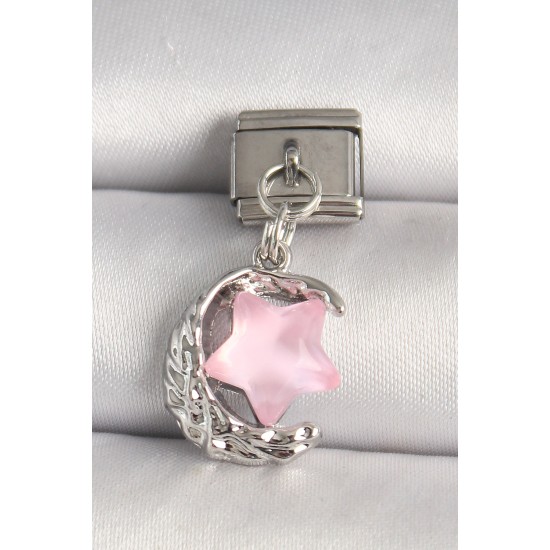 316L Çelik Gümüş Renk Hilal Pembe Mineli Yıldız Model Nomination Charm - TJ-BC1283