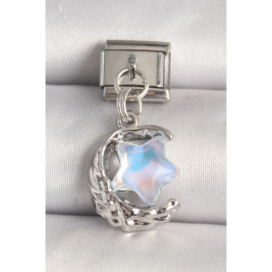 316L Çelik Gümüş Renk Hilal Mavi Mineli Yıldız Model Nomination Charm - TJ-BC1284