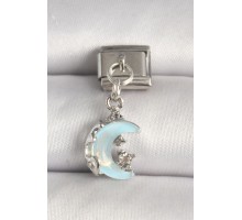 316L Çelik Gümüş Renk Mavi Mineli Hilal Model Zirkon Taş Detay Nomination Charm - TJ-BC1288