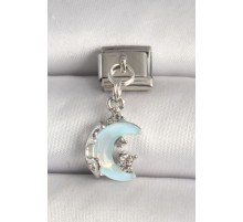 316L Çelik Gümüş Renk Mavi Mineli Hilal Model Zirkon Taş Detay Nomination Charm - TJ-BC1288