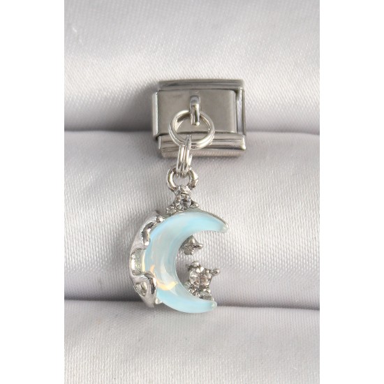 316L Çelik Gümüş Renk Mavi Mineli Hilal Model Zirkon Taş Detay Nomination Charm - TJ-BC1288