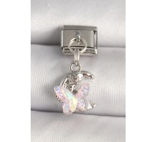 316L Çelik Gümüş Renk Zirkon Taşlı Hilal Pembe Mineli Kelebek Model Nomination Charm - TJ-BC1289