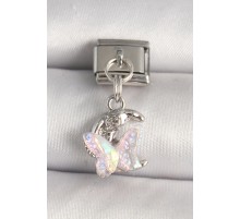 316L Çelik Gümüş Renk Zirkon Taşlı Hilal Pembe Mineli Kelebek Model Nomination Charm - TJ-BC1289