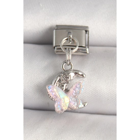 316L Çelik Gümüş Renk Zirkon Taşlı Hilal Pembe Mineli Kelebek Model Nomination Charm - TJ-BC1289