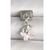 316L Çelik Gümüş Renk Zirkon Taşlı Hilal Beyaz Mineli Kelebek Model Nomintaion Charm - TJ-BC1290