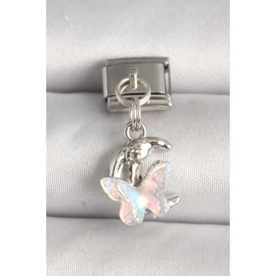 316L Çelik Gümüş Renk Zirkon Taşlı Hilal Beyaz Mineli Kelebek Model Nomintaion Charm - TJ-BC1290